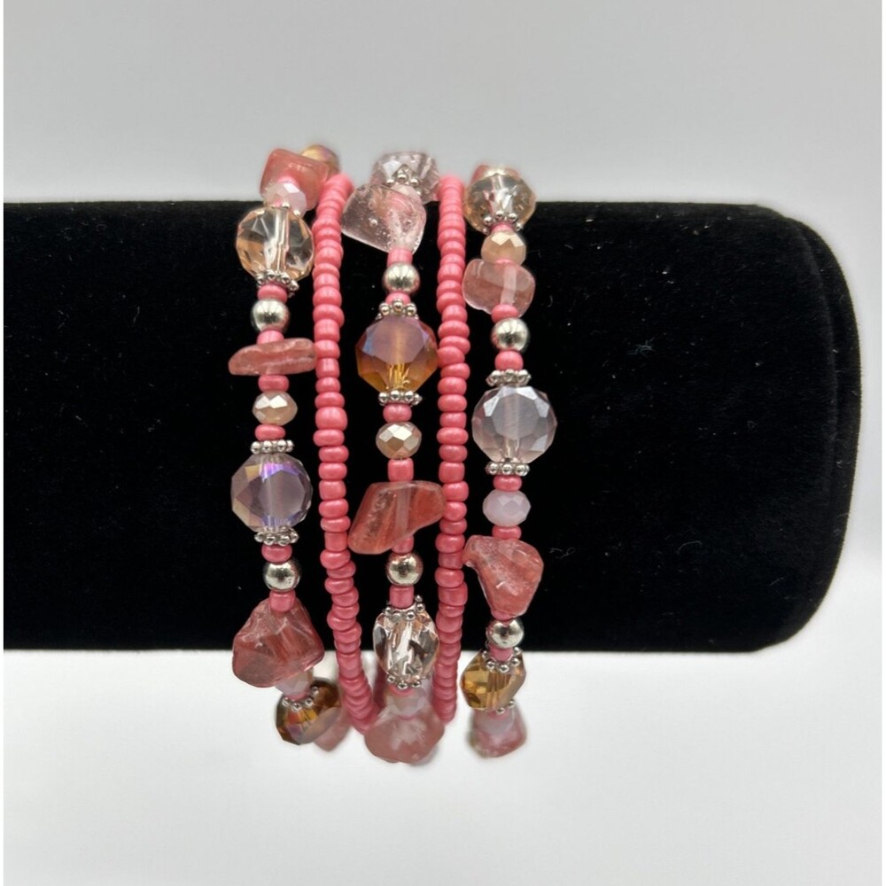Vintage Pink Multi-Strand Beaded Wrap Bracelet - Small
